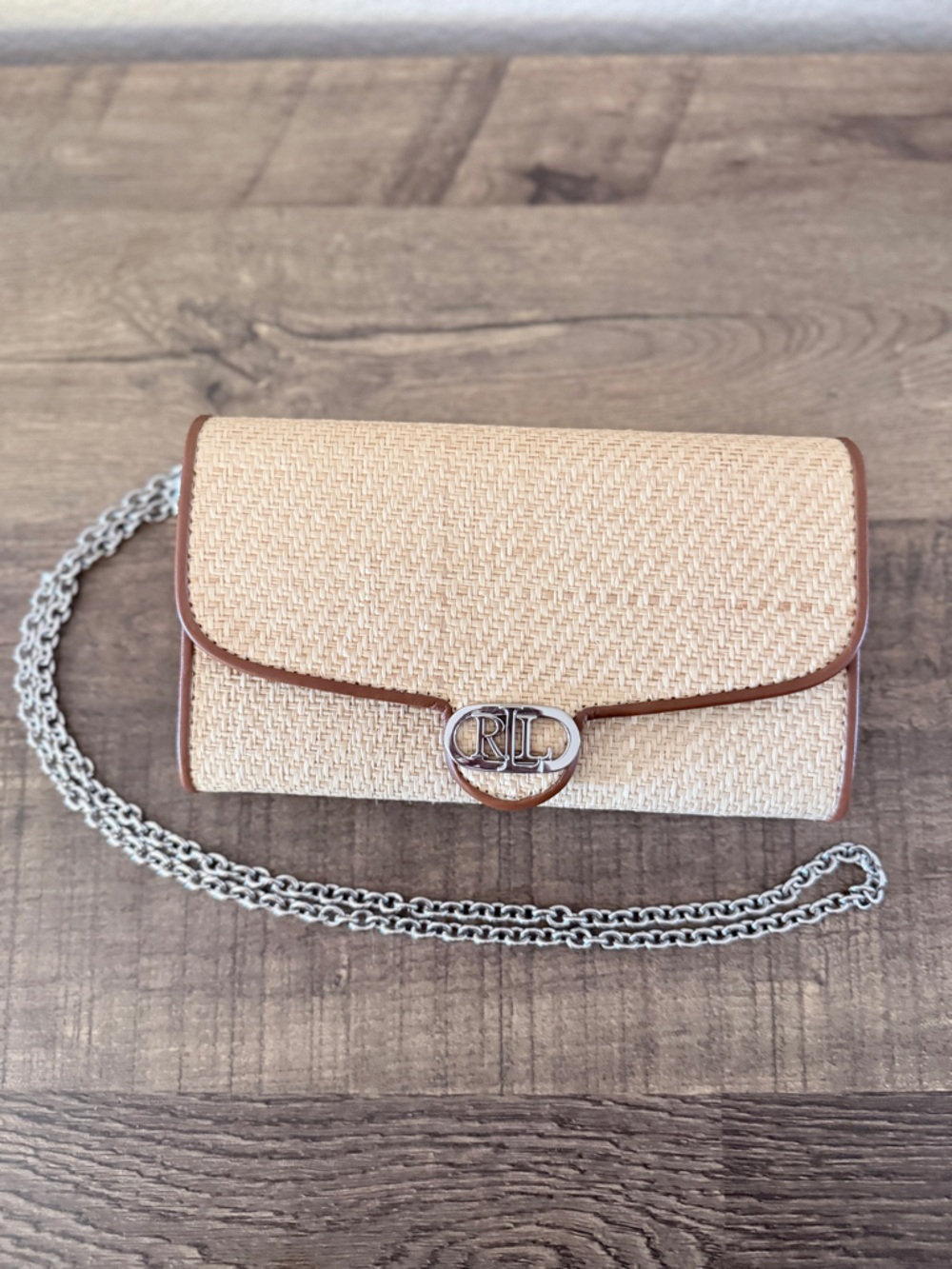 Ralph Lauren Natural Raffia Crossbody with Brown Trim and Silver Chain